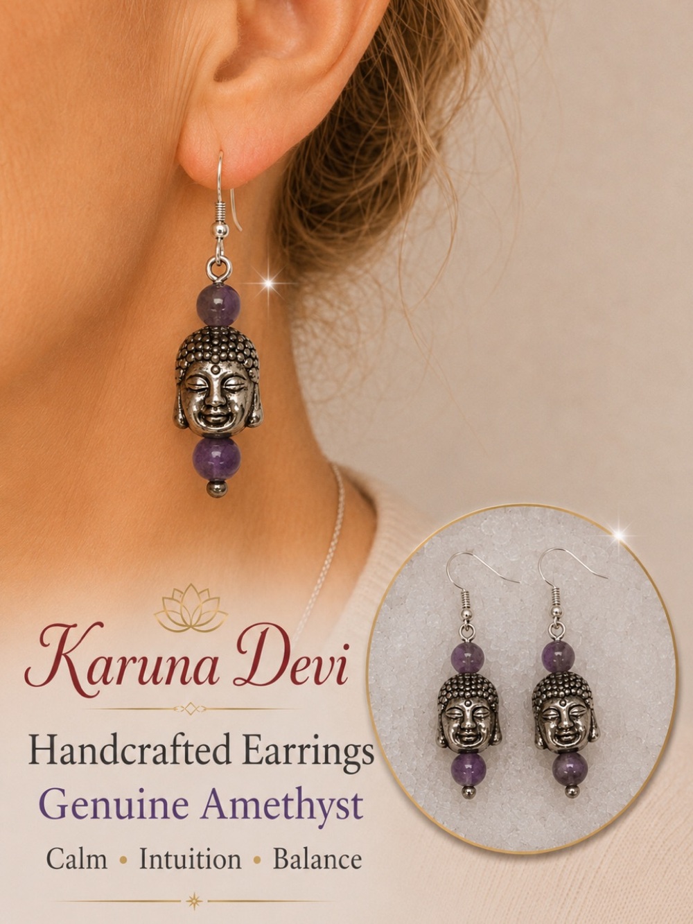 Amethyst Genuine Stone Bead & Buddha Charm Drop Earrings